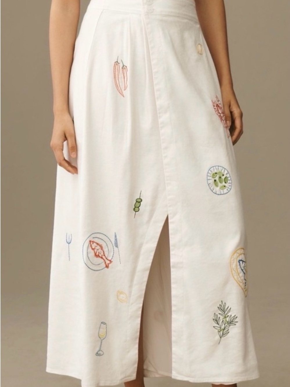 Maeve Athropilogie Embroidered White Midi Skirt with Front Slit